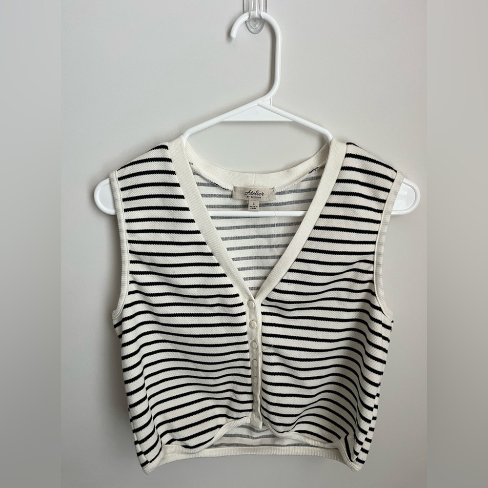 ATELIER - White and Black Crop Tank Top with V-neck & Buttoned Style - Women’s M